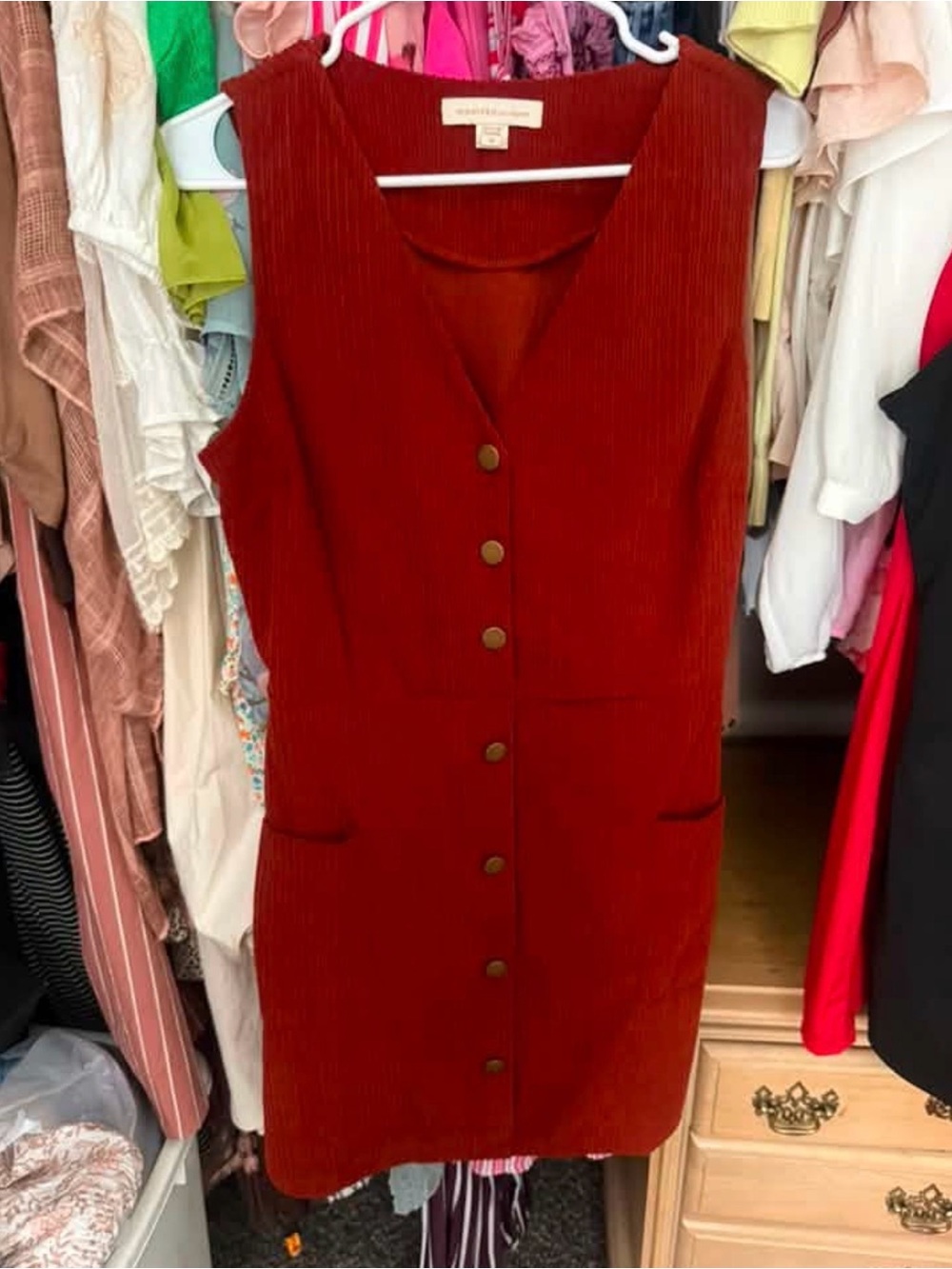 Corduroy Button-Front Sleeveless Dress - brick Red